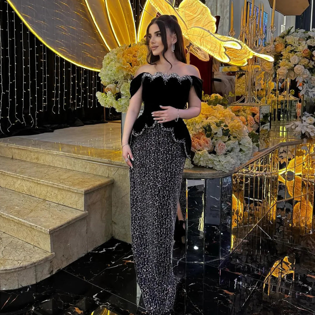 Elegant Black Off Shoulder Pearl Sequin Evening Gown SS615-DreamyVow