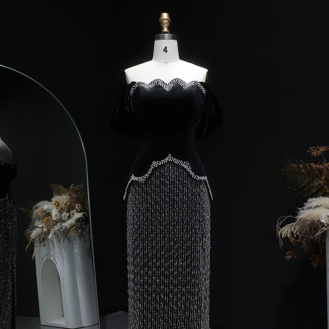 Elegant Black Off Shoulder Pearl Sequin Evening Gown SS615-DreamyVow
