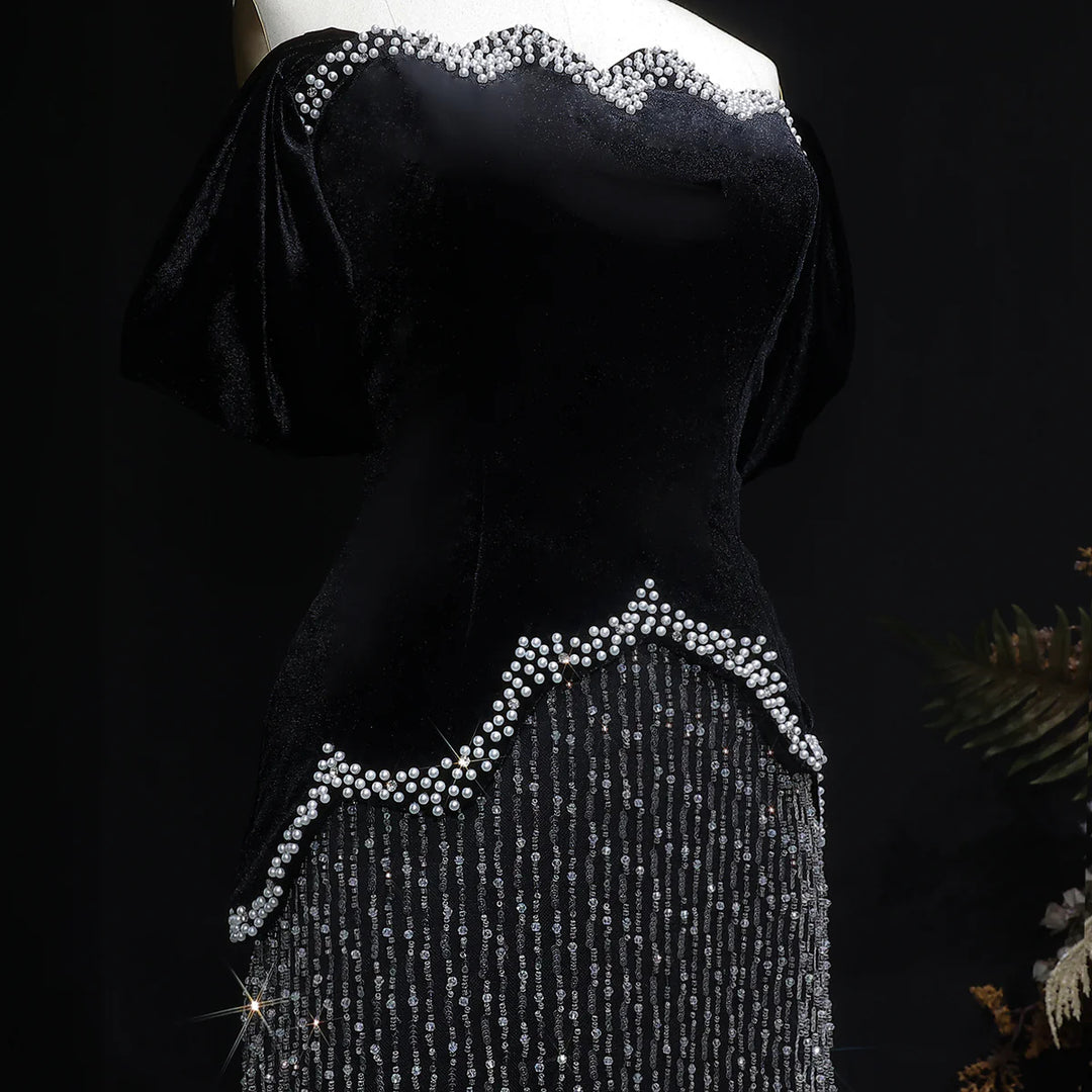 Elegant Black Off Shoulder Pearl Sequin Evening Gown SS615-DreamyVow