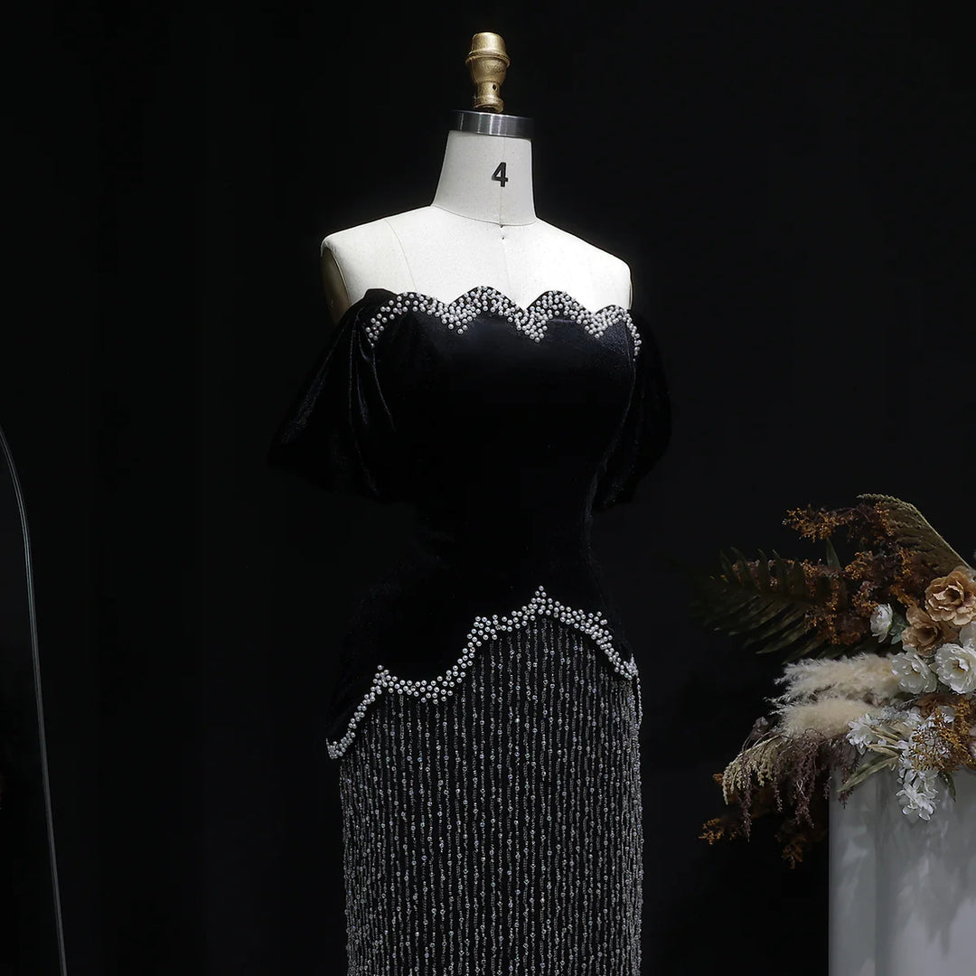 Elegant Black Off Shoulder Pearl Sequin Evening Gown SS615-DreamyVow