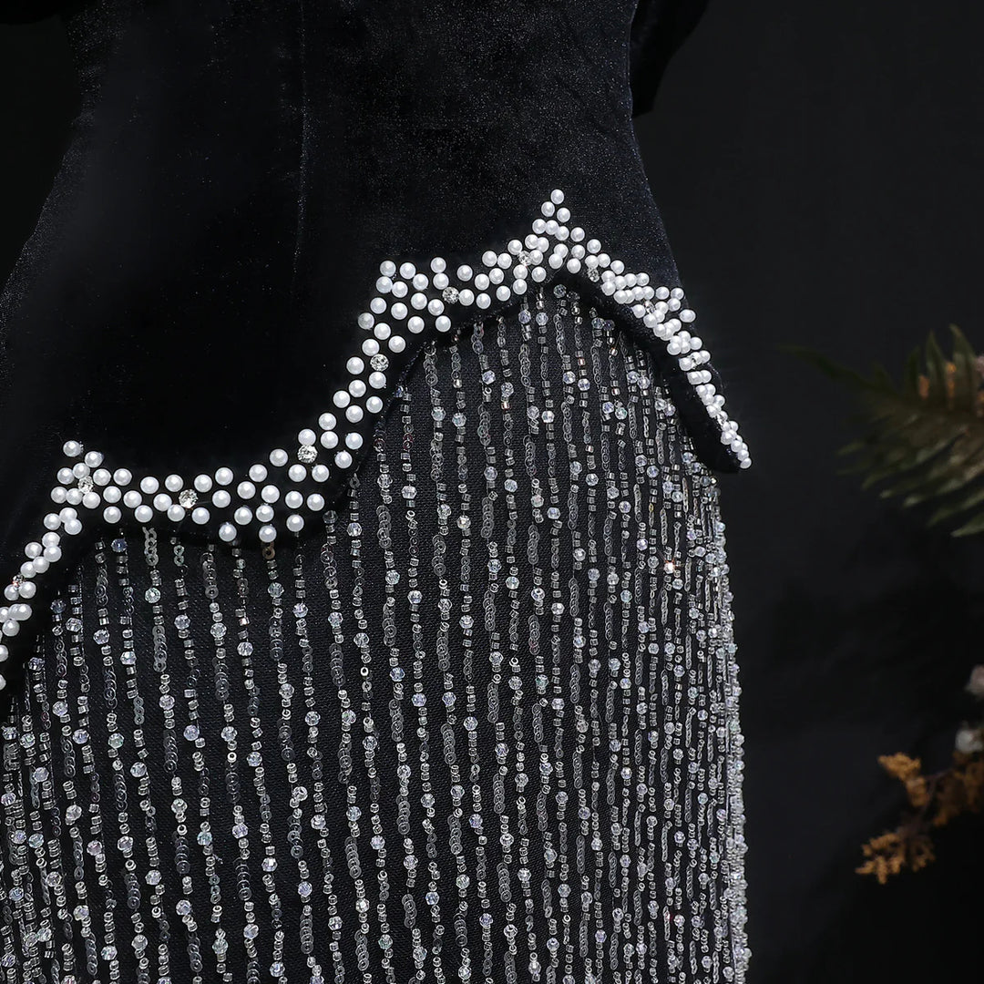 Elegant Black Off Shoulder Pearl Sequin Evening Gown SS615-DreamyVow