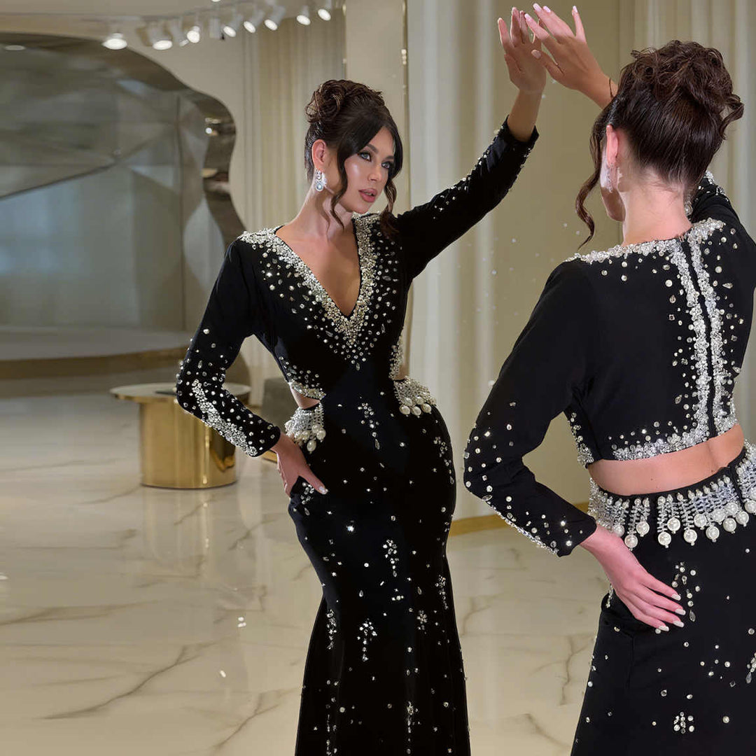 Elegant Black Pearl-Embellished Long Sleeve Prom Dress XD019 Black / 8