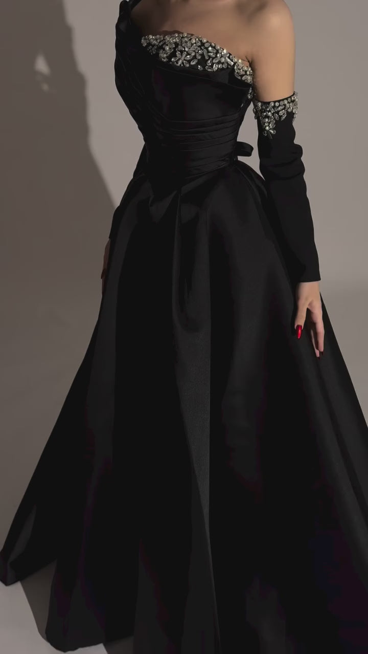 Elegant Black Satin Crystal One Shoulder Evening Dress SF272
