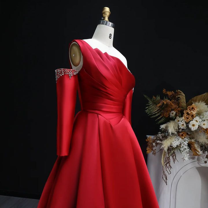 Elegant Black Satin Crystal One Shoulder Evening Dress SF272