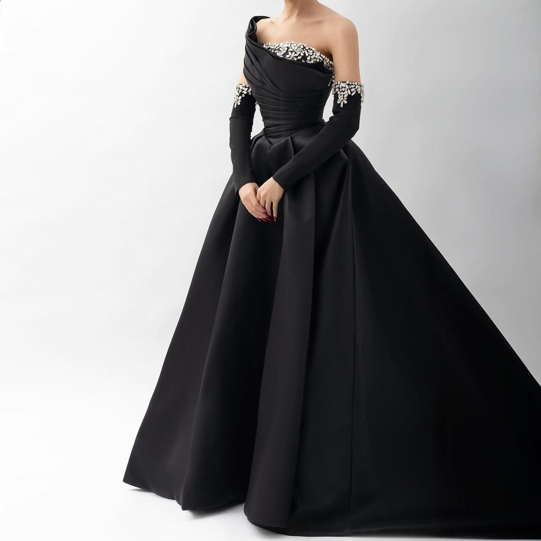 Elegant Black Satin Crystal One Shoulder Evening Dress SF272 DreamyVow Elegant Black Satin Crystal One Shoulder Evening Dress SF272 DreamyVow
