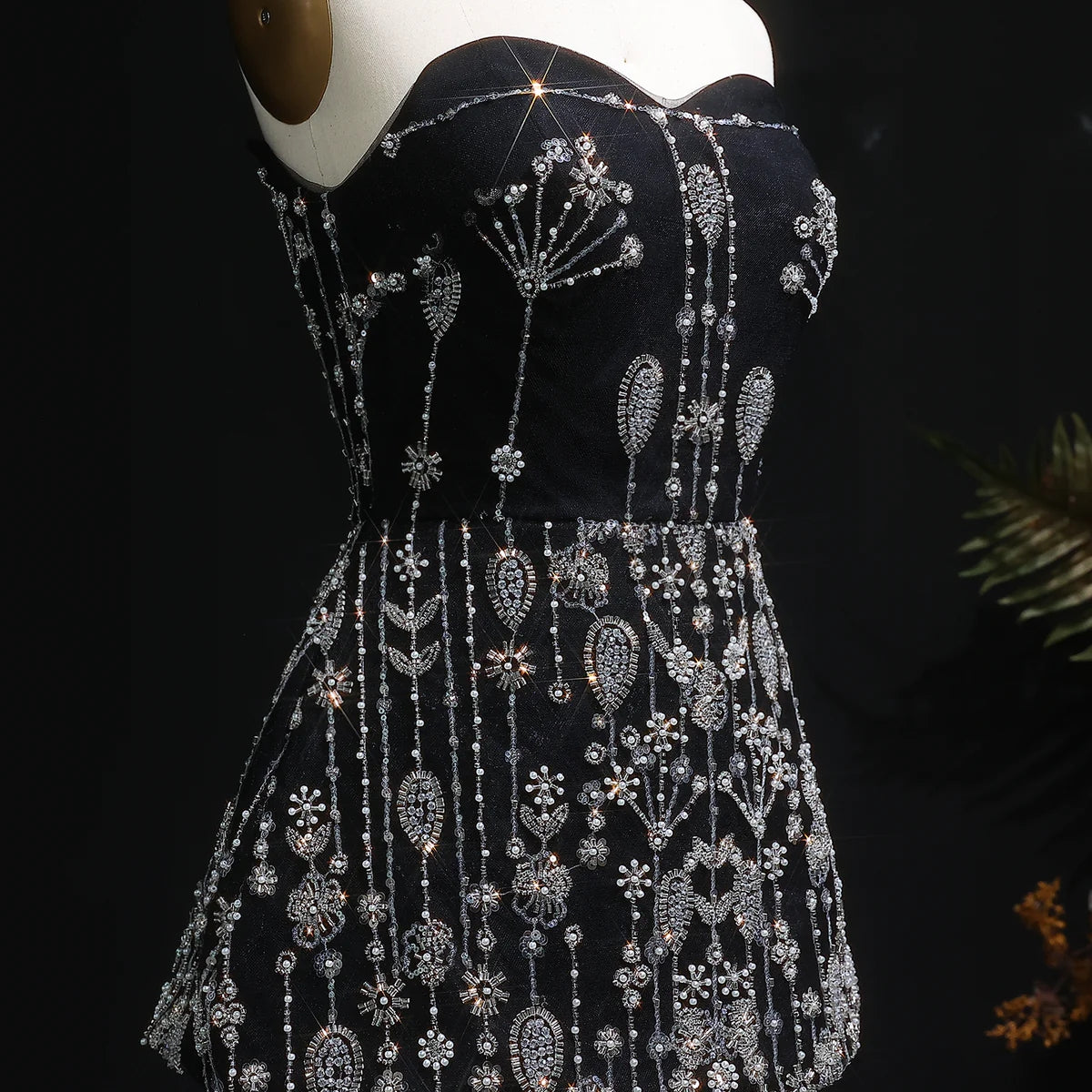 Elegant Black Strapless Evening Dress with Beaded Peplum Overlay SS635 Black / 18