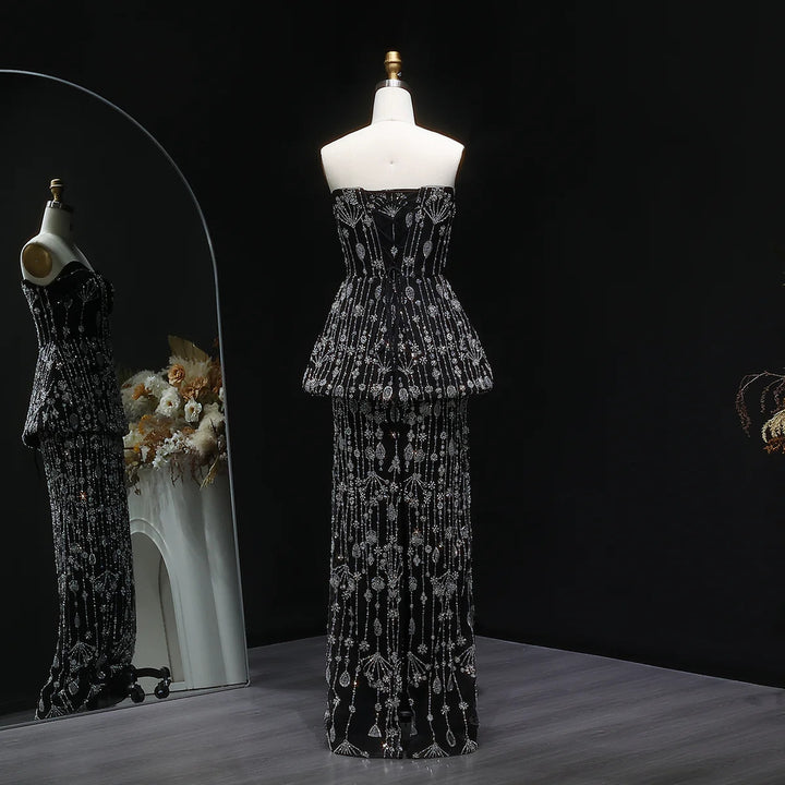 Elegant Black Strapless Evening Dress with Beaded Peplum Overlay SS635 Elegant Black Strapless Evening Dress with Beaded Peplum Overlay SS635