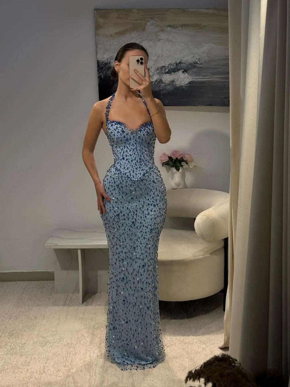 Elegant Blue Beaded Evening Dress with Spaghetti Straps SS715-DreamyVow