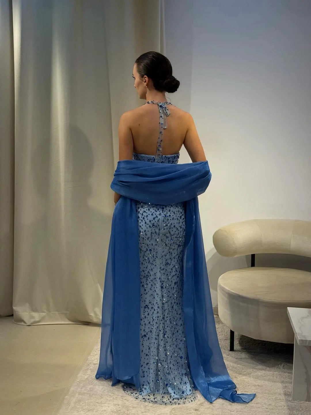 Elegant Blue Beaded Evening Dress with Spaghetti Straps SS715-DreamyVow