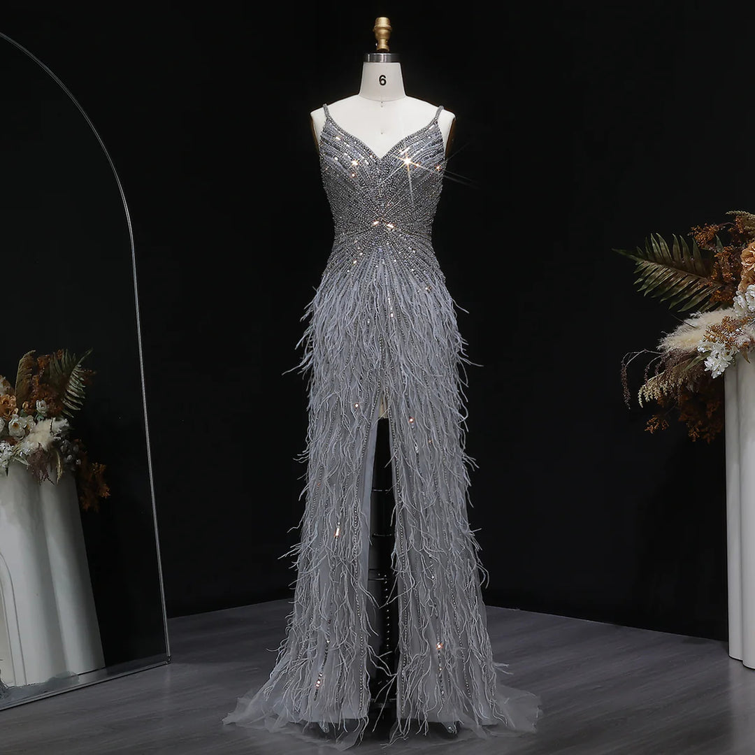 Elegant Blue Mermaid Evening Dress with Beading and Feather Train SS004-DreamyVow