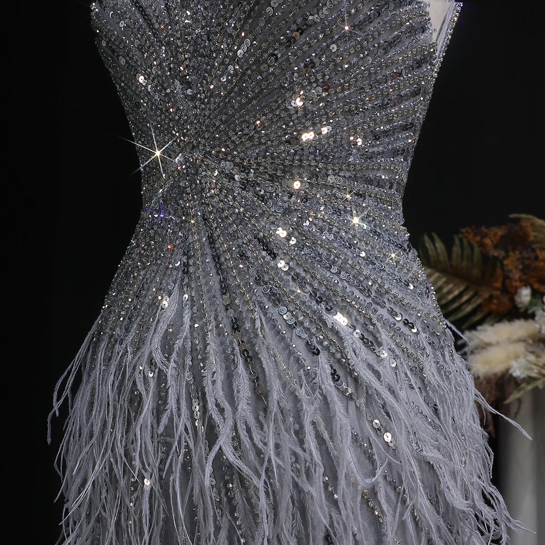 Elegant Blue Mermaid Evening Dress with Beading and Feather Train SS004-DreamyVow