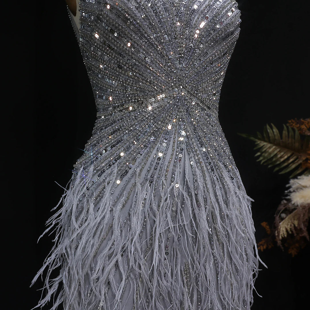 Elegant Blue Mermaid Evening Dress with Beading and Feather Train SS004-DreamyVow