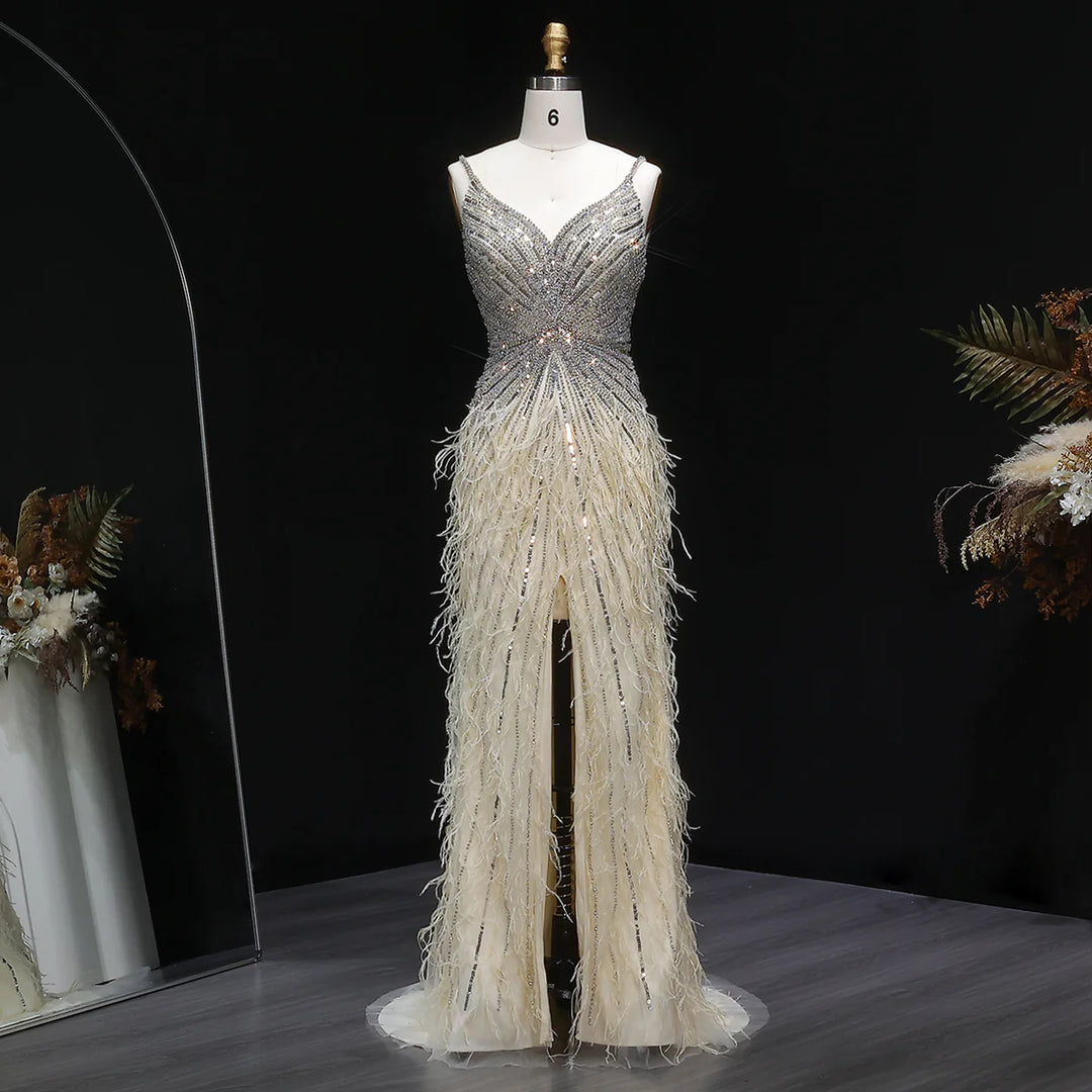 Elegant Blue Mermaid Evening Dress with Beading and Feather Train SS004-DreamyVow