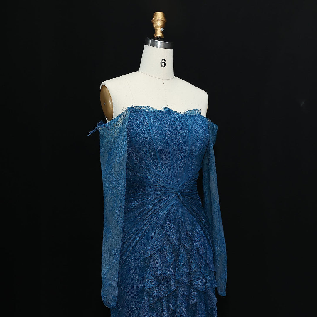 Elegant Blue Off Shoulder Lace Evening Dress SF519