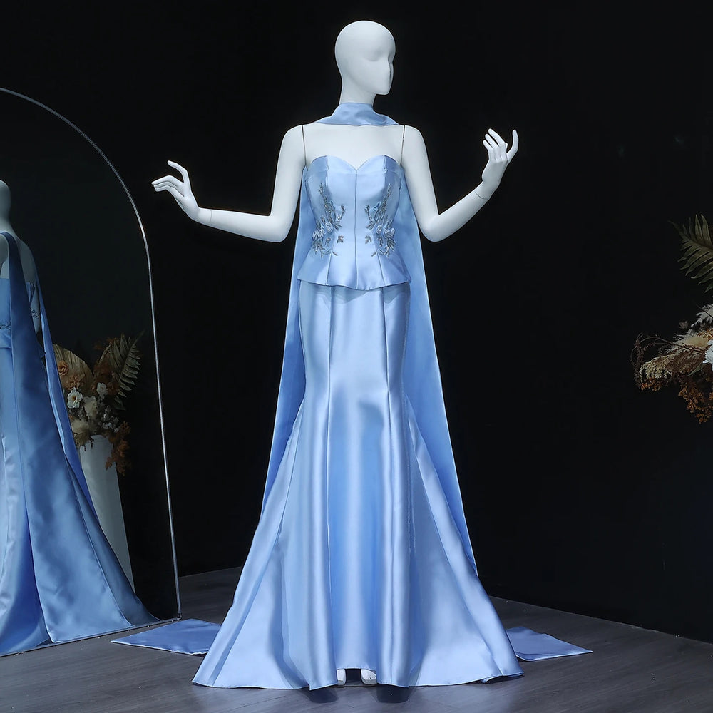 Elegant Blue Satin Mermaid Arabic Wedding Gown SS245