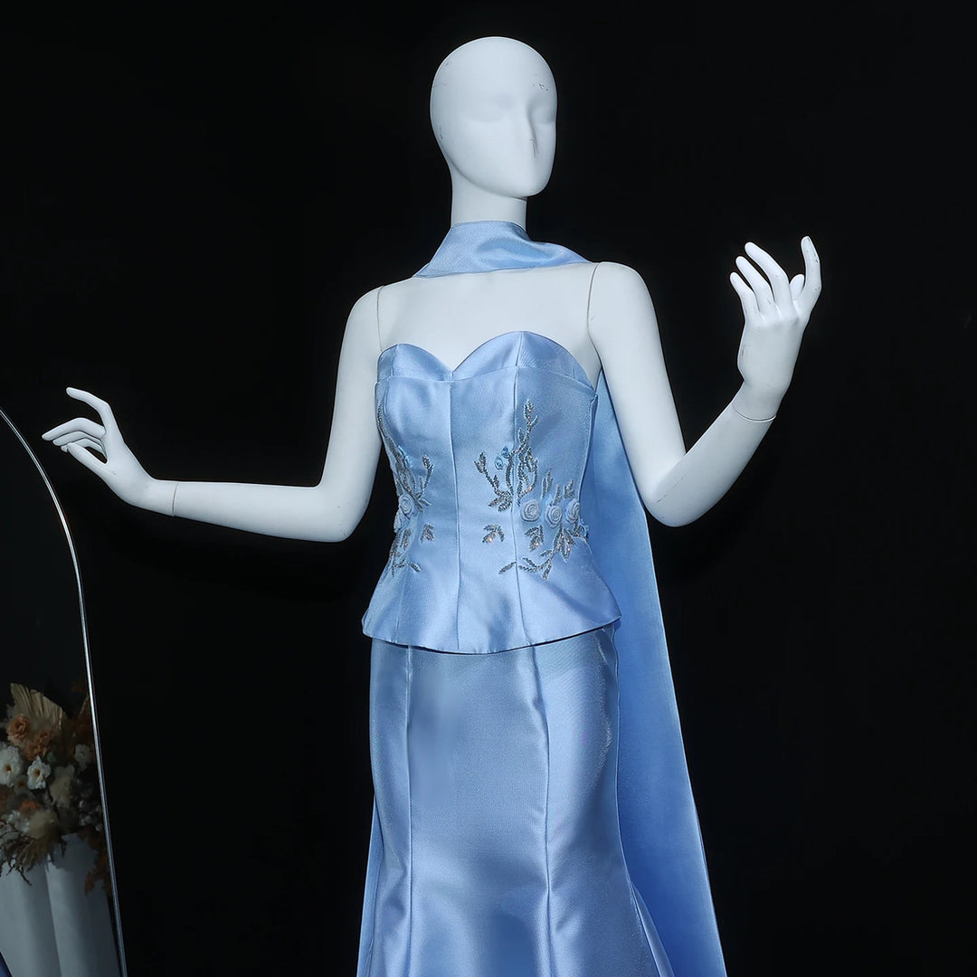 Elegant Blue Satin Mermaid Arabic Wedding Gown SS245
