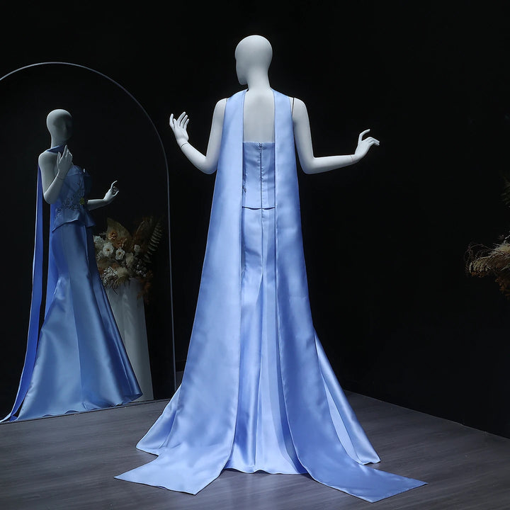 Elegant Blue Satin Mermaid Arabic Wedding Gown SS245