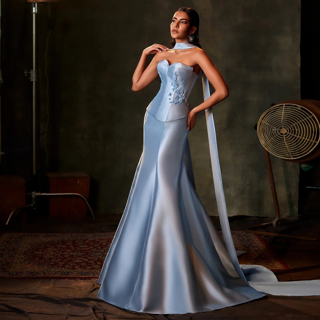 Elegant Blue Satin Mermaid Arabic Wedding Gown SS245
