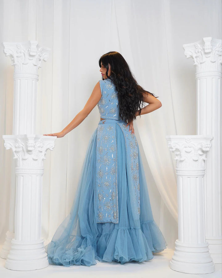 Elegant Blue Two-Piece Beaded Evening Gown with Ruffle Skirt SS597