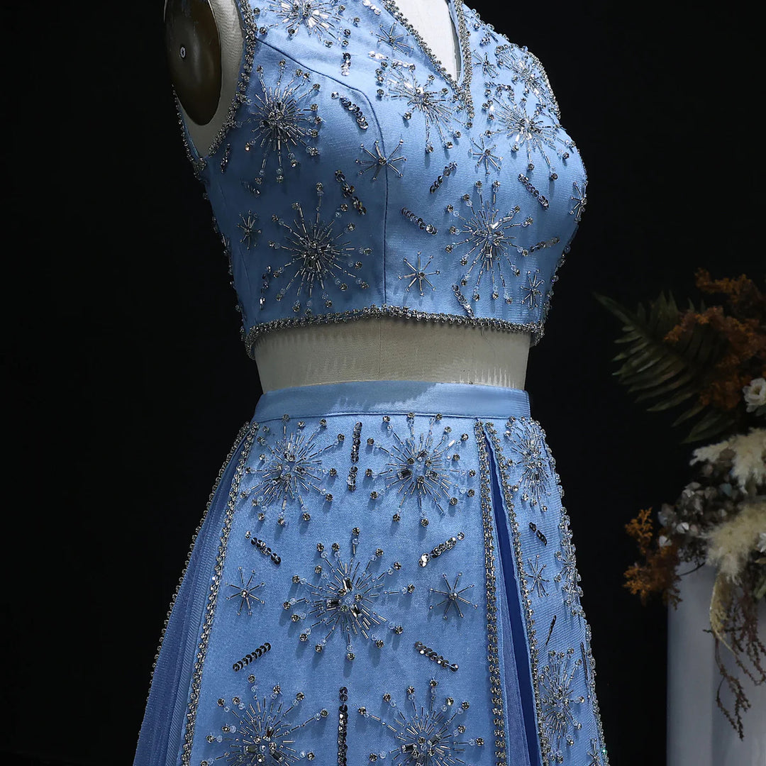 Elegant Blue Two-Piece Beaded Evening Gown with Ruffle Skirt SS597