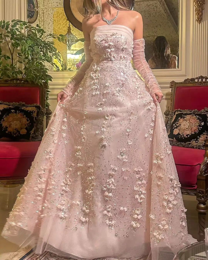 Elegant Blush Pink 3D Flowers Strapless Evening Dress SS344