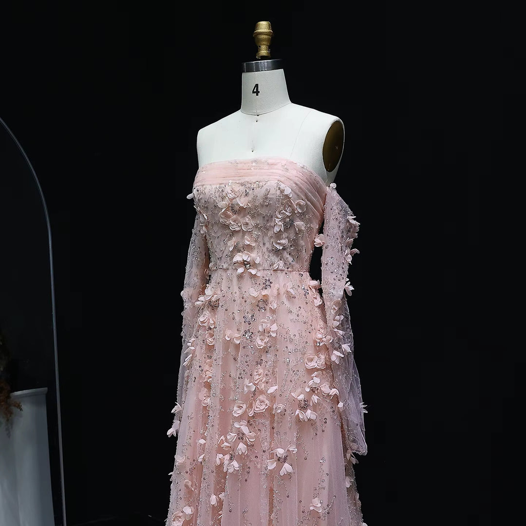 Elegant Blush Pink 3D Flowers Strapless Evening Dress SS344