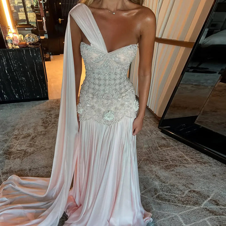 Elegant Blush Pink Beaded Evening Dress with Cape SS285-DreamyVow