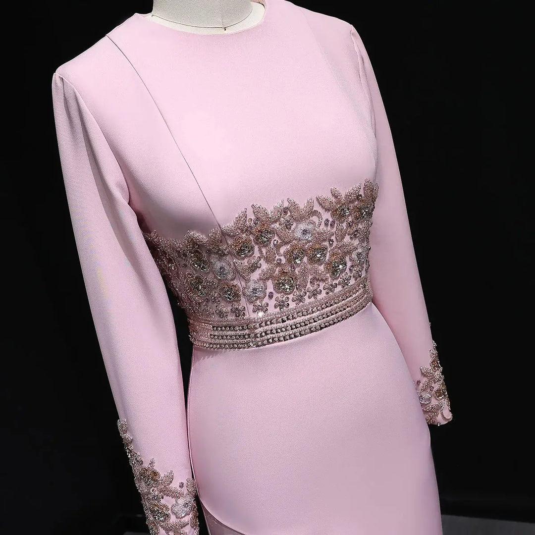 Elegant Blush Pink Long Sleeve Beaded Evening Dress SS525-DreamyVow