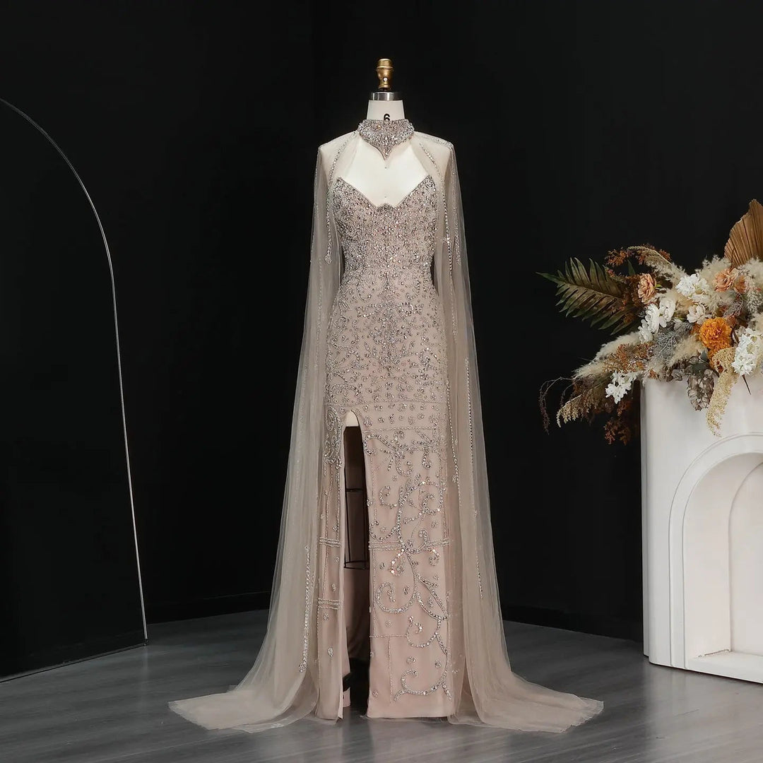 Elegant Champagne Beaded Cape Evening Dress with High Neck SS135 – DreamyVow