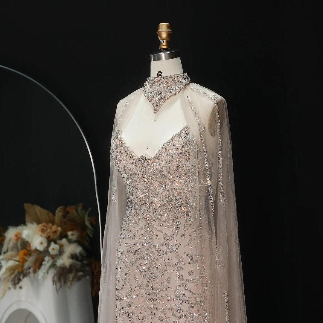 Elegant Champagne Beaded Cape Evening Dress with High Neck SS135 DreamyVow Elegant Champagne Beaded Cape Evening Dress with High Neck SS135 DreamyVow