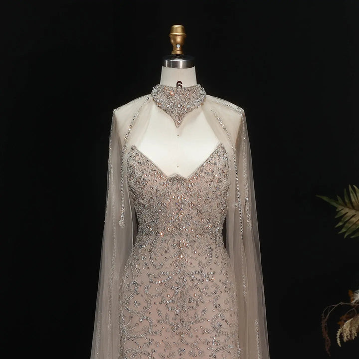 Elegant Champagne Beaded Cape Evening Dress with High Neck SS135-DreamyVow
