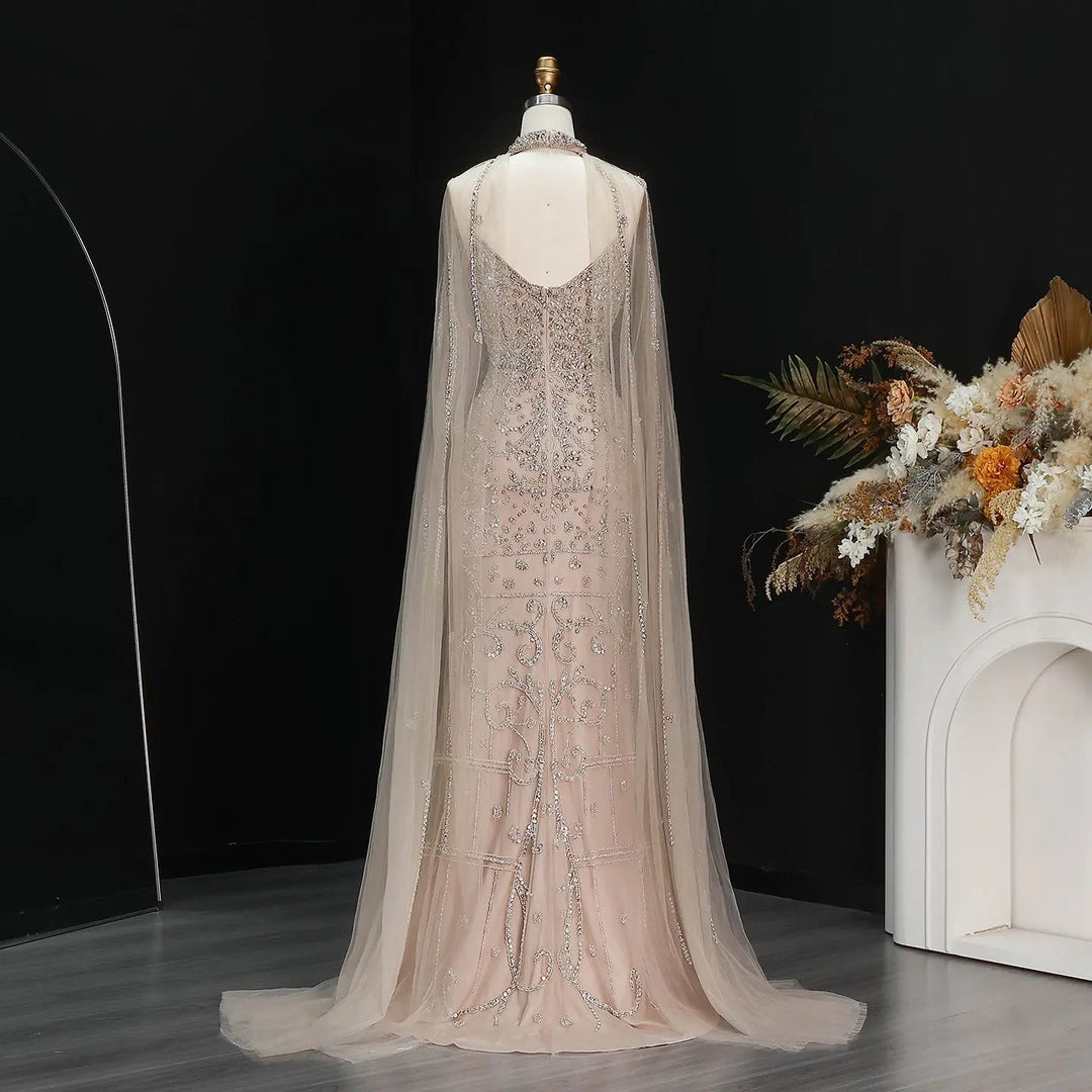 Elegant Champagne Beaded Cape Evening Dress with High Neck SS135