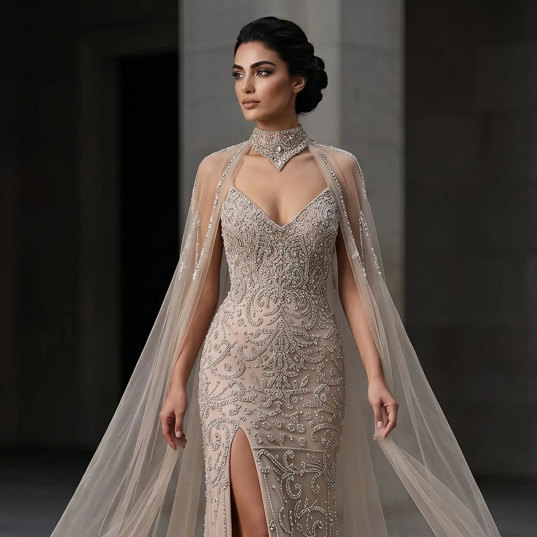 Elegant Champagne Beaded Cape Evening Dress with High Neck SS135 Elegant Champagne Beaded Cape Evening Dress with High Neck SS135