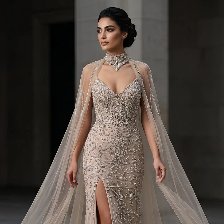 Elegant Champagne Beaded Cape Evening Dress with High Neck SS135-DreamyVow
