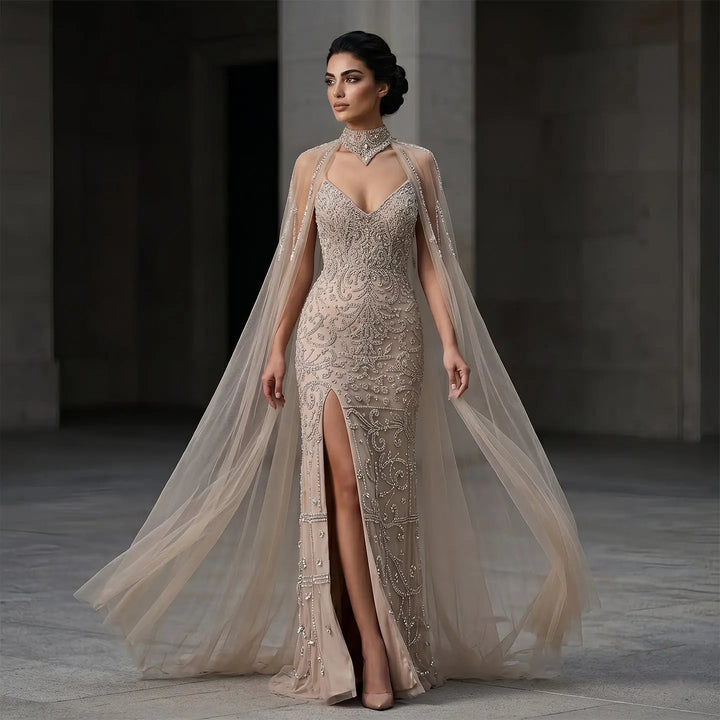 Elegant Champagne Beaded Cape Evening Dress with High Neck SS135  DreamyVow