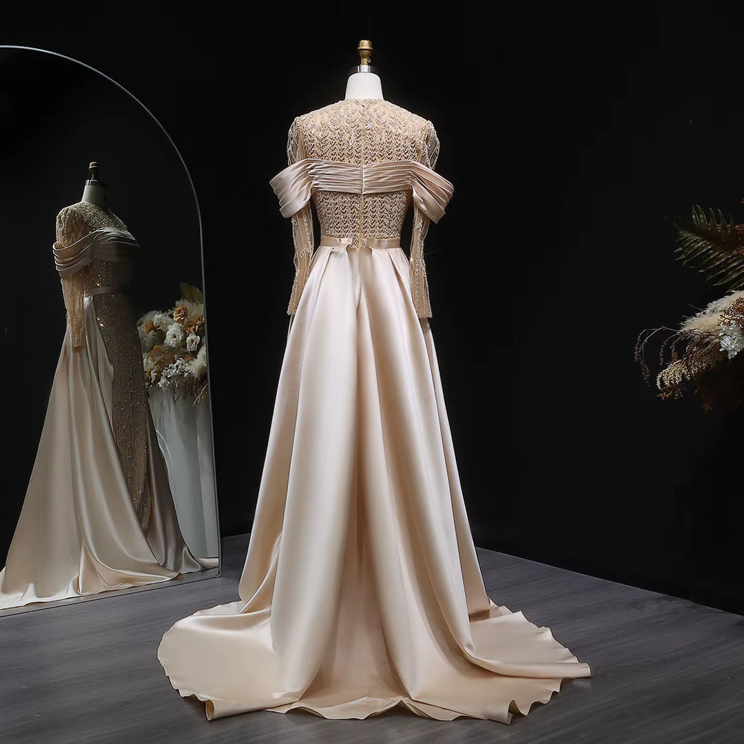 Elegant Champagne Beaded Evening Dress with Detachable Overskirt SS253-DreamyVow