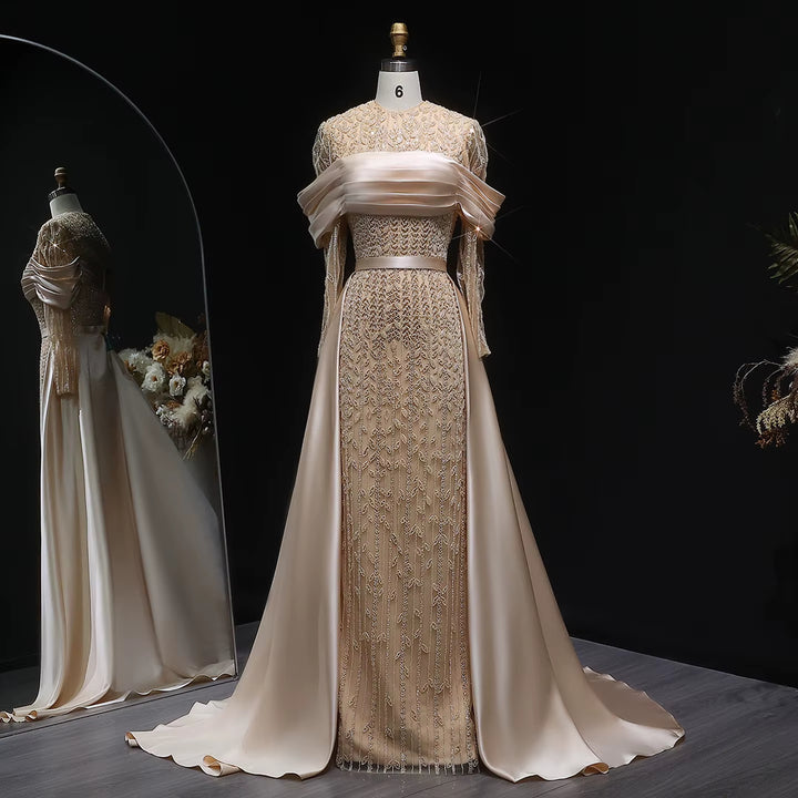 Elegant Champagne Beaded Evening Dress with Detachable Overskirt SS253-DreamyVow