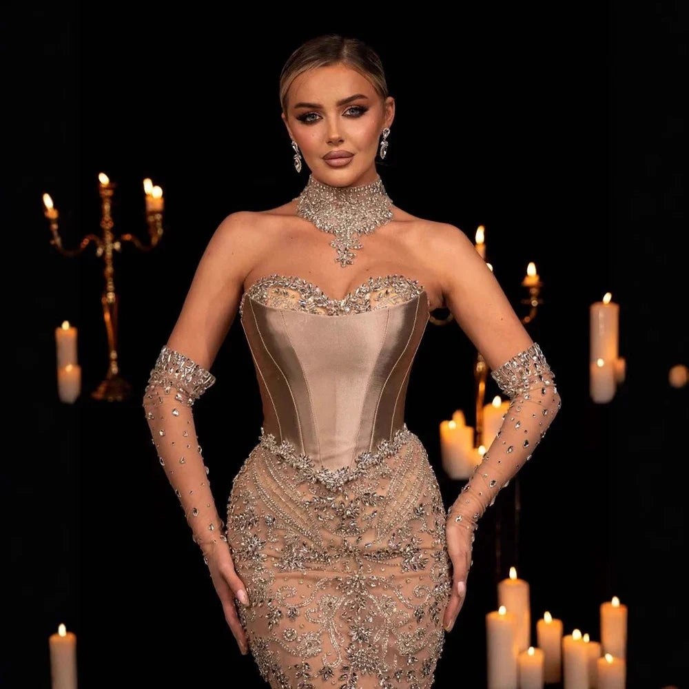 Elegant Champagne Beaded Evening Dress with Scarf Gloves SS069 Champagne / 14 Elegant Champagne Beaded Evening Dress with Scarf Gloves SS069 Champagne / 14