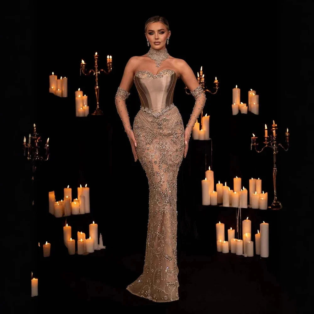 Elegant Champagne Beaded Evening Dress with Scarf Gloves SS069 Champagne / 14