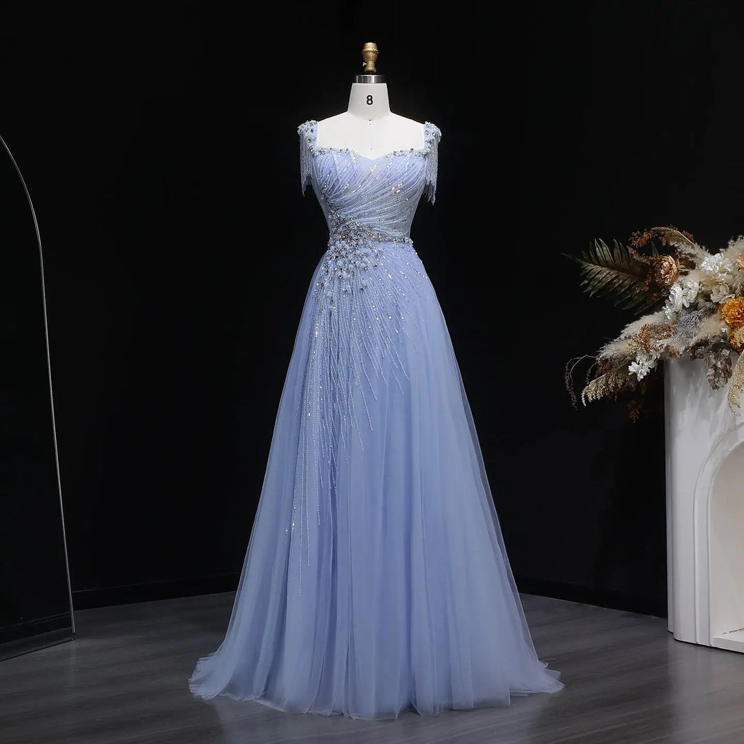 Elegant Champagne Beaded Tulle A-Line Evening Dress SS058-DreamyVow