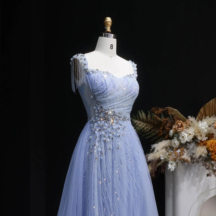 Elegant Champagne Beaded Tulle A-Line Evening Dress SS058-DreamyVow