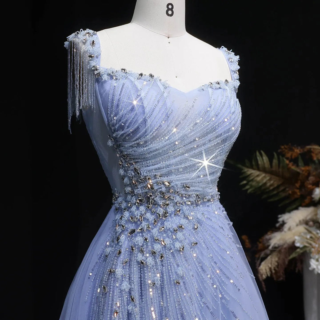 Elegant Champagne Beaded Tulle A-Line Evening Dress SS058-DreamyVow