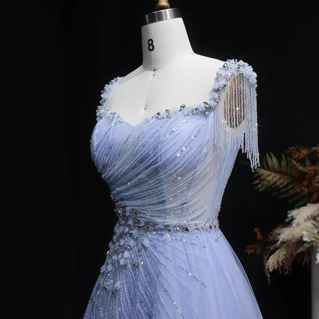 Elegant Champagne Beaded Tulle A-Line Evening Dress SS058-DreamyVow