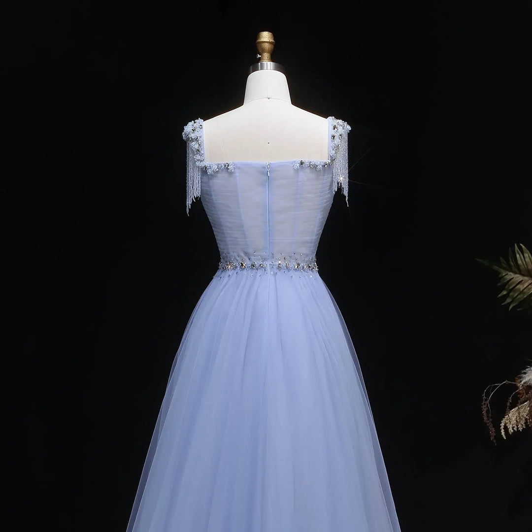 Elegant Champagne Beaded Tulle A-Line Evening Dress SS058-DreamyVow