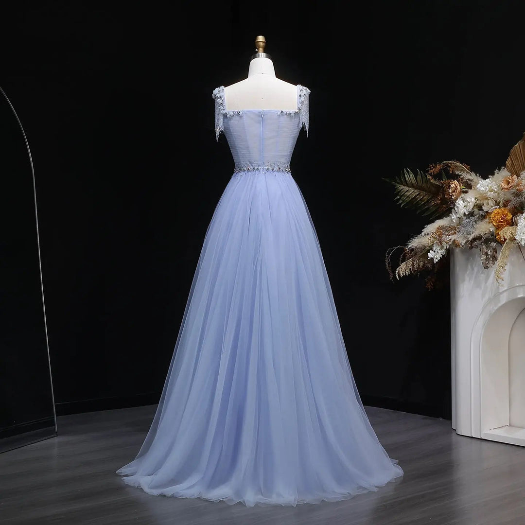Elegant Champagne Beaded Tulle A-Line Evening Dress SS058-DreamyVow