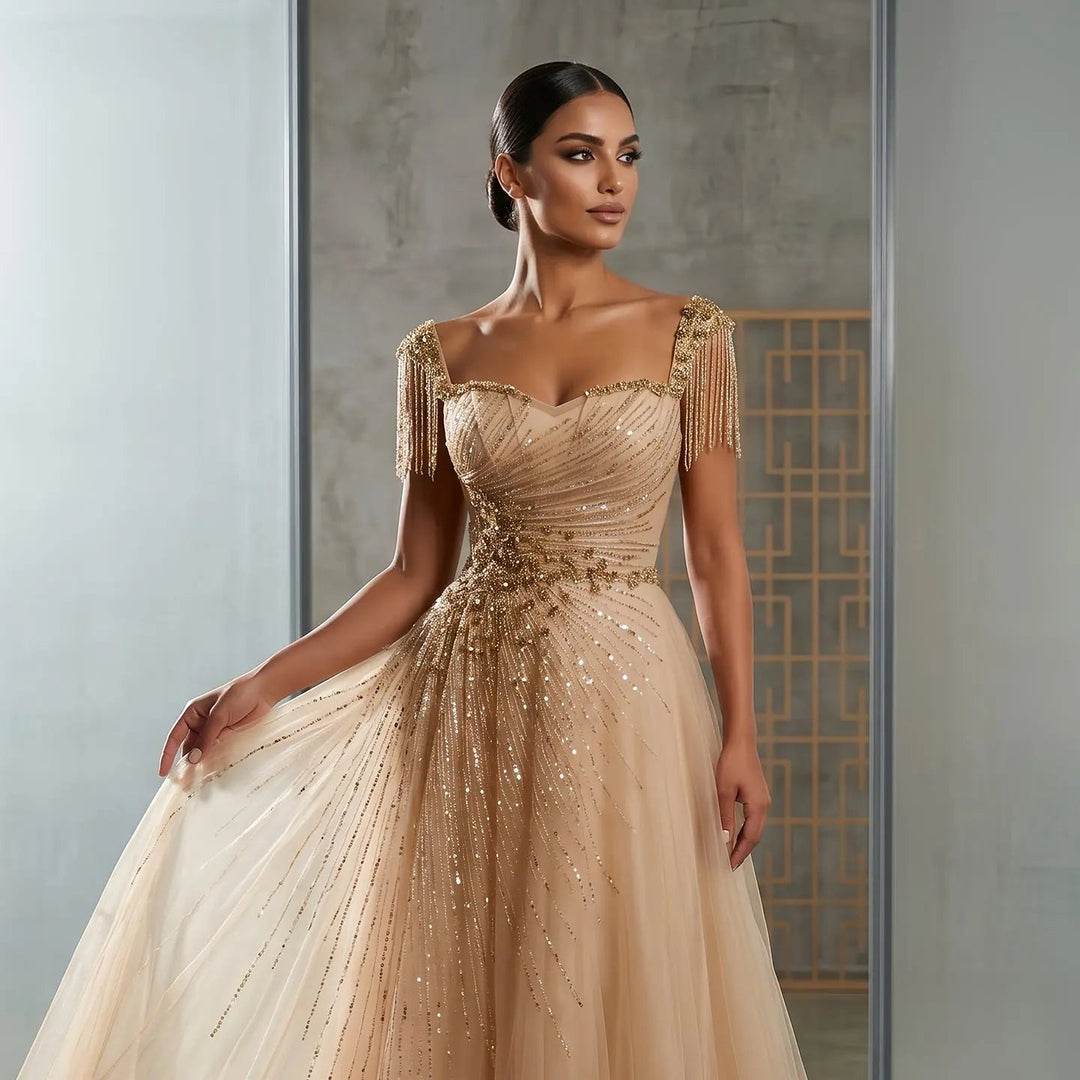 Elegant Champagne Beaded Tulle A-Line Evening Dress SS058-DreamyVow