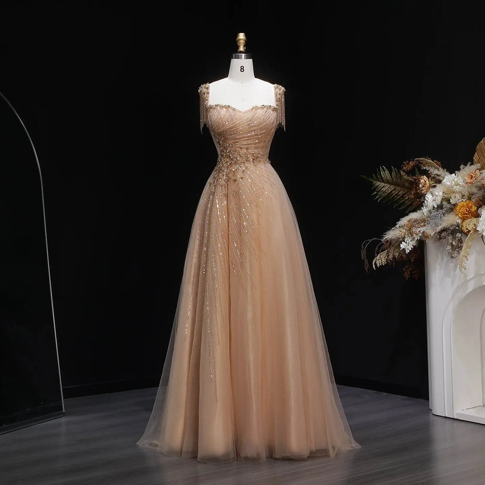 Elegant Champagne Beaded Tulle A-Line Evening Dress SS058-DreamyVow