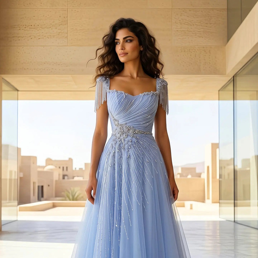 Elegant Champagne Beaded Tulle A-Line Evening Dress SS058-DreamyVow