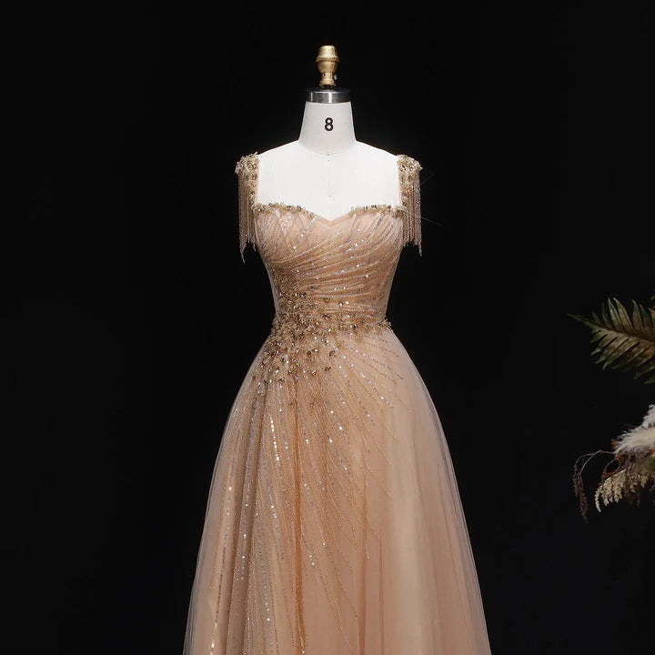 Elegant Champagne Beaded Tulle A-Line Evening Dress SS058-DreamyVow