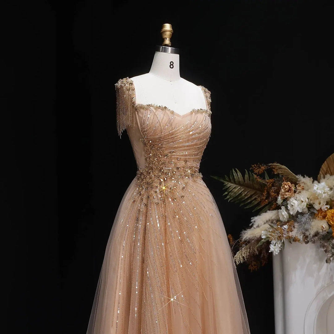 Elegant Champagne Beaded Tulle A-Line Evening Dress SS058-DreamyVow